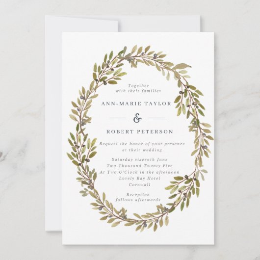Eleganter Olive Branch Wreath Wedding Einladung (Vorderseite)