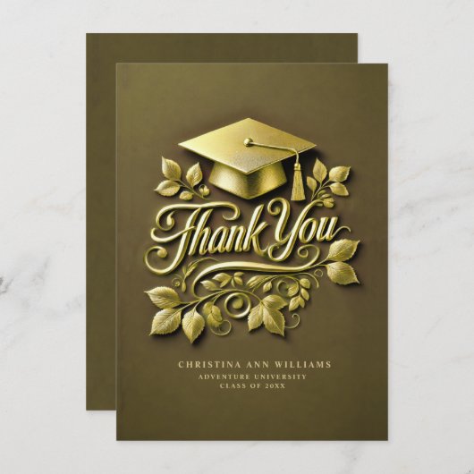 Eleganter Olive Green Gold Grad Cap Leaf Abschluss Dankeskarte (Vorne/Hinten)