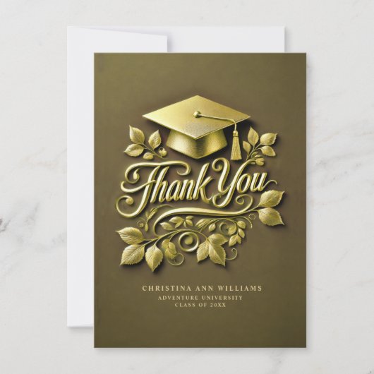 Eleganter Olive Green Gold Grad Cap Leaf Abschluss Dankeskarte (Vorderseite)
