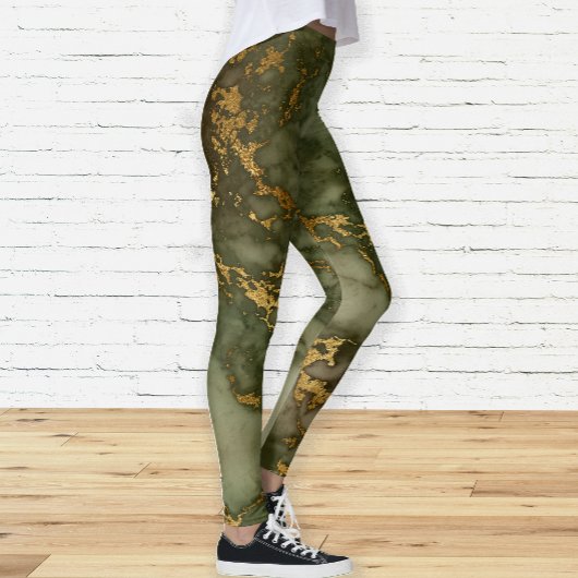 Eleganter Olive Green und Gold Marmor Leggings