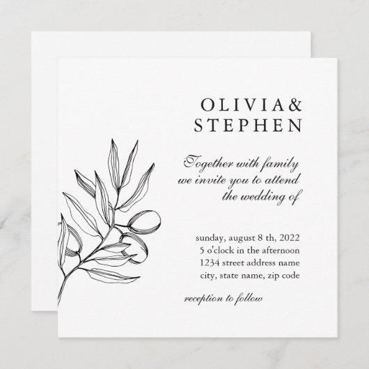 Eleganter Olivenbaum. Einfache feierliche Schwarz- Einladung (Vorne/Hinten)