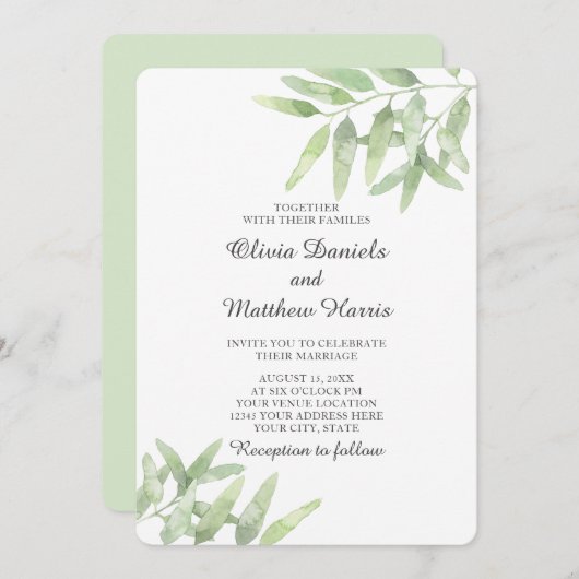 Eleganter Olivenzweig. Botanische Hochzeit Einladung (Vorne/Hinten)