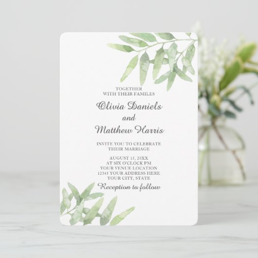 Eleganter Olivenzweig. Botanische Hochzeit Einladung (Stehend Vorderseite)
