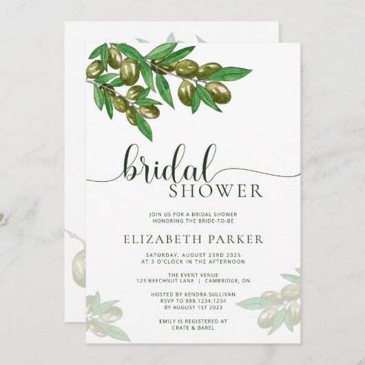 Eleganter Olivenzweig Braudusche Einladung (Vorne/Hinten)