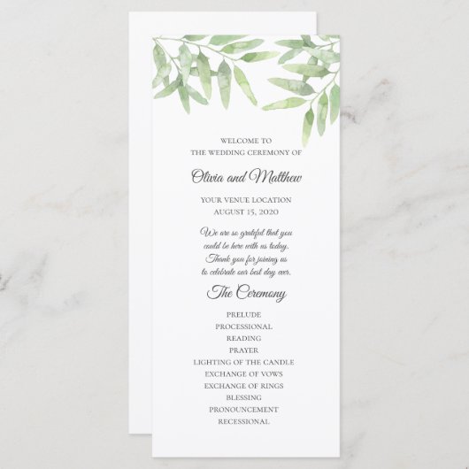 Eleganter Olivenzweig. Einfaches Hochzeitsprogramm Menükarte (Vorne/Hinten)