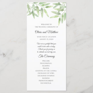 Eleganter Olivenzweig. Einfaches Hochzeitsprogramm Menükarte