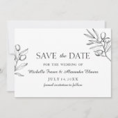 Eleganter Olivenzweig. Schwarz-Weiß-Hochzeit Save The Date (Vorderseite)