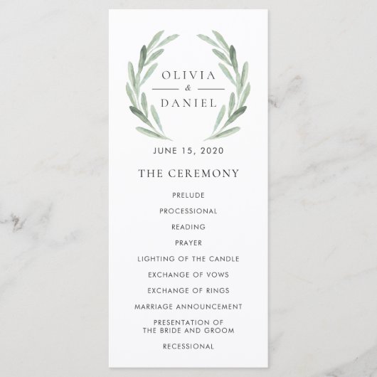 Eleganter Olivenzweigkranz Grüne Hochzeitsprogramm Programm (Vorderseite)