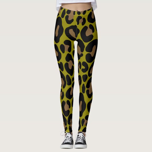 Eleganter olivgrüner und schwarzer Leopardenprint Leggings (Vorderseite)