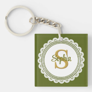 Eleganter Olivgrüner Vintage-Spitzen-Monogramm-Nam Schlüsselanhänger