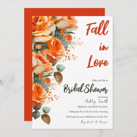 Eleganter Orange Fall in Liebe Brautparty Einladung (Vorne/Hinten)