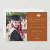 Eleganter Orange Gold Formal Script Foto Abschluss Ankündigung (Vorderseite)