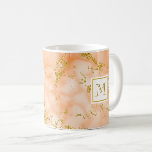 Eleganter Orange Marble Monogram Imitate Gold Glit Kaffeetasse (VorderseiteRechts)
