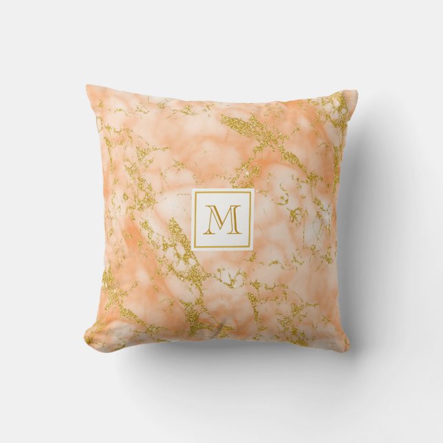 Eleganter Orange Marble Monogram Imitate Gold Glit Kissen (Vorderseite)