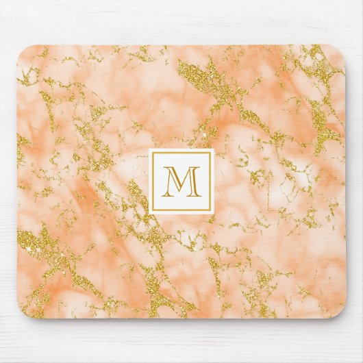 Eleganter Orange Marble Monogram Imitate Gold Glit Mousepad (Vorne)
