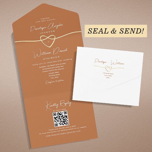 Eleganter Orange QR Code Hochzeit All In One Einladung