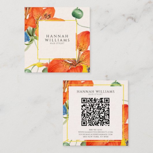 Eleganter Orange QR Code Wasserfarben Quadratische Visitenkarte (Vorne/Hinten)