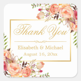 Eleganter Orange Rose Blumengoldrahmen Vielen Dank Quadratischer Aufkleber