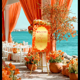 Eleganter Orange und Gold Mandarin Wedding Willkom Poster