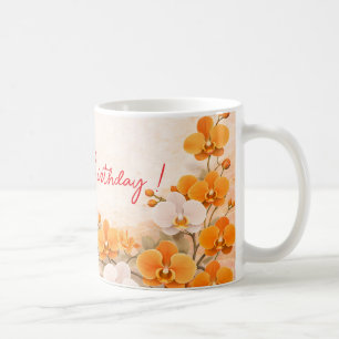 Eleganter orangefarbener Orchideen-Geburtstag Kaffeetasse