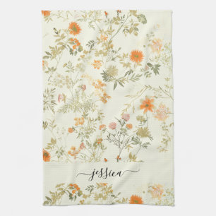 Eleganter orangefarbener Wildblumen-Schriftname Geschirrtuch