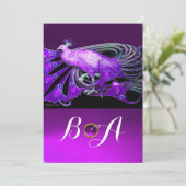 ELEGANTER PAKOCK IM LILA, SCHWARZEN WEDD-MONOGRAM EINLADUNG (Stehend Vorderseite)