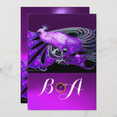 ELEGANTER PAKOCK IM LILA, SCHWARZEN WEDD-MONOGRAM EINLADUNG (Vorne/Hinten)