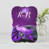 ELEGANTER PAKOCK IM LILA, SCHWARZEN WEDD-MONOGRAM EINLADUNG (Stehend Vorderseite)