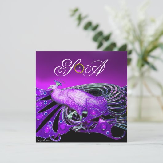 ELEGANTER PAKOCK IM LILA, SCHWARZEN WEDD-MONOGRAM EINLADUNG (Stehend Vorderseite)