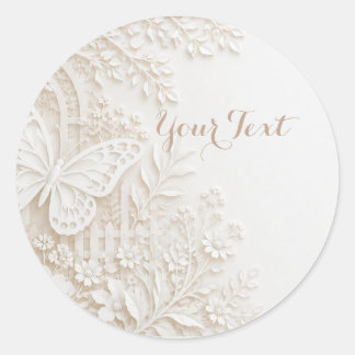Eleganter Papercut Schmetterling mit Blumenrahmen Runder Aufkleber