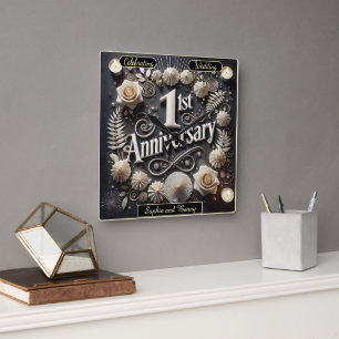 Eleganter Papierkranz zum 1. Hochzeitstag Quadratische Wanduhr