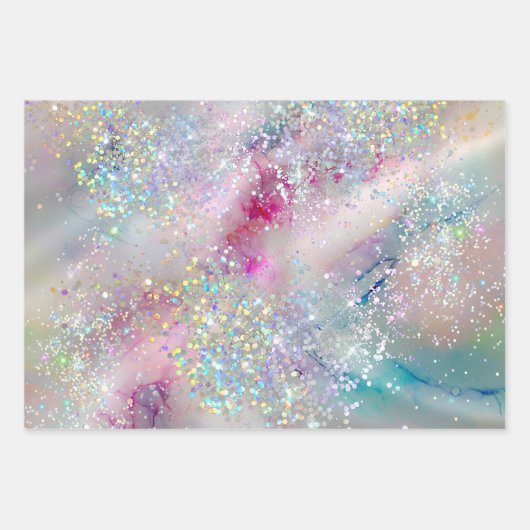 Eleganter Pastel Alcohol Ink Holographic Glitzer Geschenkpapier Set (Vorderseite)