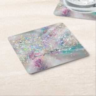 Eleganter Pastel Alcohol Ink Holographic Glitzer Rechteckiger Pappuntersetzer