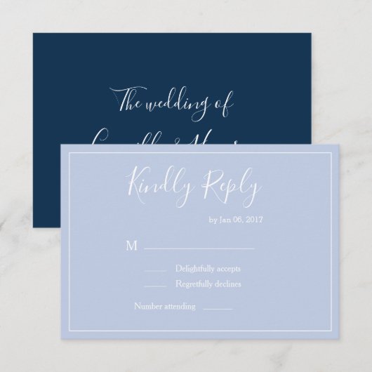 Eleganter pastellblau, modern weiß Hochzeit rsvp Einladung (Vorne/Hinten)