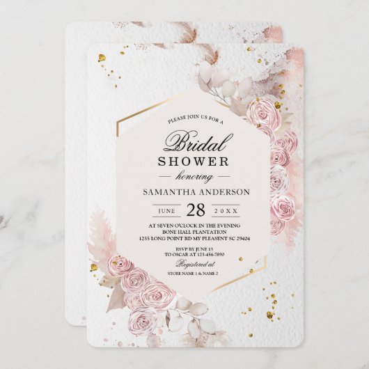 Eleganter Pastellrosa Blumenrahmen Extravagant Einladung (Vorne/Hinten)