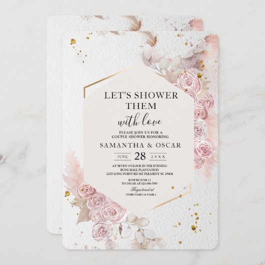 Eleganter Pastellrosa Blumenrahmen Extravagant Einladung (Vorne/Hinten)