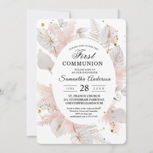 Eleganter Pastellrosa Blütenrahmen und Goldtropfen Einladung (Vorderseite)