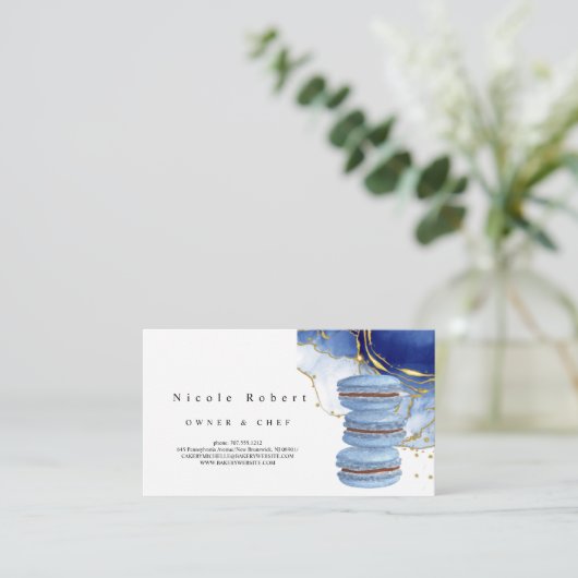 Eleganter Patisserie Koch blauer Marmor Macaron De Visitenkarte (Stehend Vorderseite)