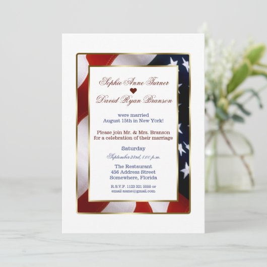 Eleganter Patriotic Gold USA Flag Abend Wedding Einladung (Stehend Vorderseite)