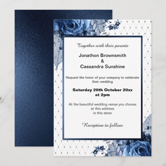 ELEGANTER PATTERN BOUQUET FLORAL NAVY WEDD EINLADUNG (Vorne/Hinten)