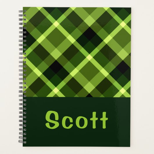 Eleganter Pea Green Kariert Monogram Planer (Vorderseite)