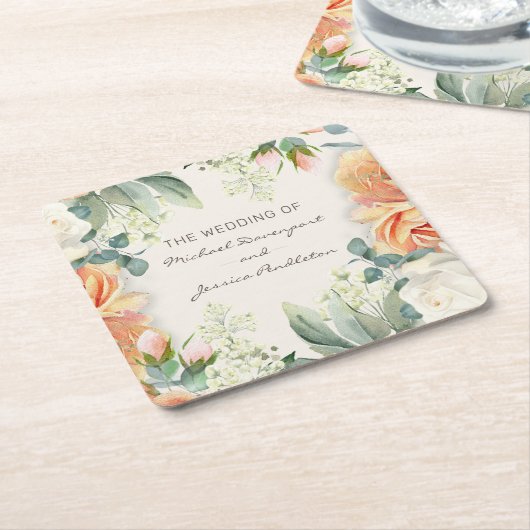 Eleganter Peach Cream Floral Wedding Bride Groom Rechteckiger Pappuntersetzer (angewinkelt)