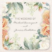 Eleganter Peach Cream Floral Wedding Bride Groom Rechteckiger Pappuntersetzer (Vorderseite)