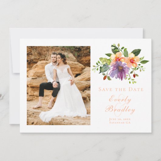 Eleganter Peach Floral Foto QR Code Save the Date Einladung (Vorderseite)