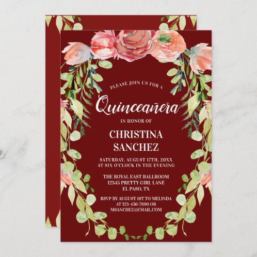 Eleganter Peach Garden Floral Quinceañera Geburtst Einladung (Vorne/Hinten)