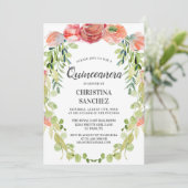 Eleganter Peach Garden Floral Quinceañera Geburtst Einladung (Stehend Vorderseite)