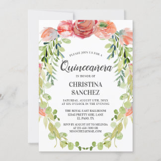 Eleganter Peach Garden Floral Quinceañera Geburtst Einladung