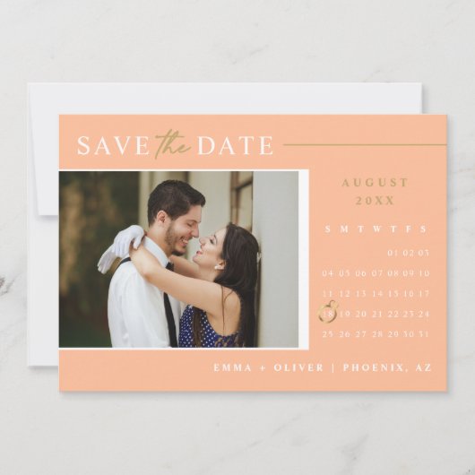 Eleganter Peach Gold Save the Date Kalender QR Cod Einladung (Vorderseite)