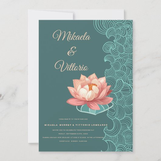 Eleganter Peach Lotus auf Aquamarine Einladung zur (Vorderseite)