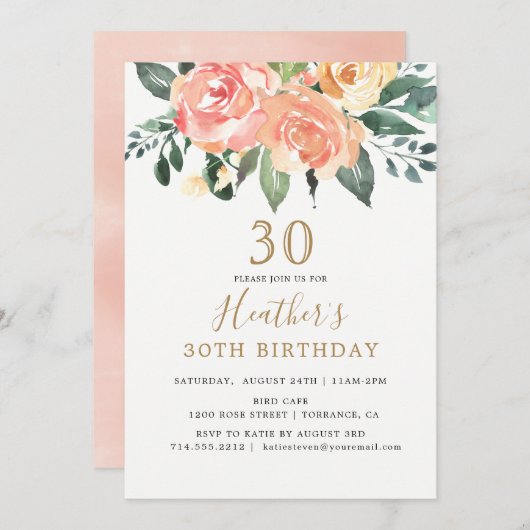 Eleganter Peach und Gold Floral 30. Geburtstag Einladung (Vorne/Hinten)